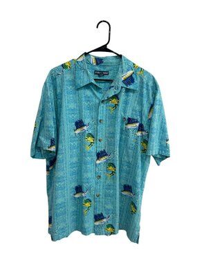 West Marine XXL Mens Blue Marlin Hawaiian Fishing Button Up Shirt Retro Boho